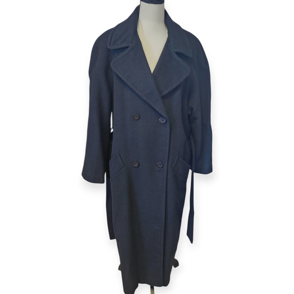 100% Camel Hair Vintage Jonathan Michael Long Black Belted Trench Coat Women 10 - Picture 2 of 10
